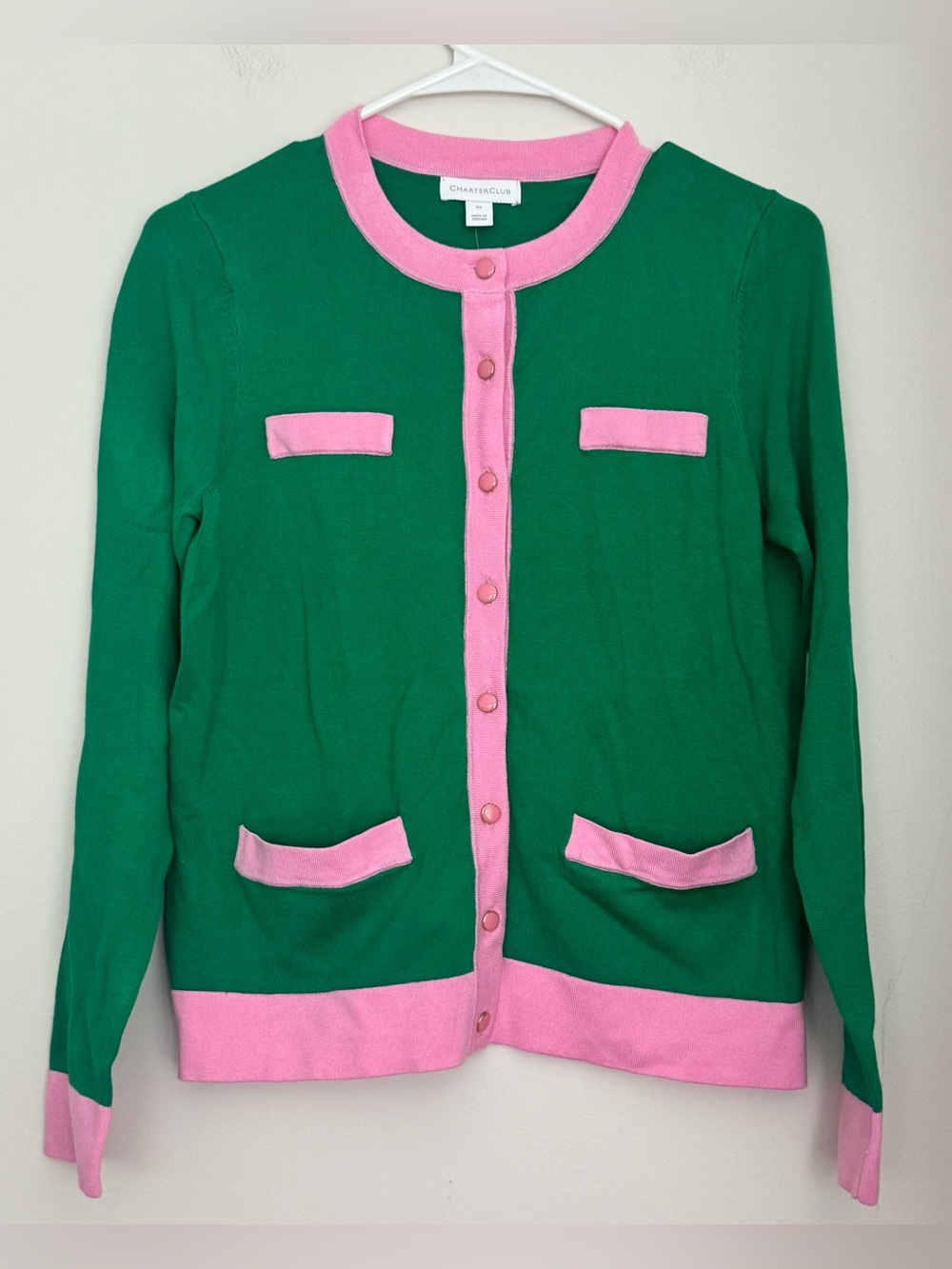 Charter Club Green Cardigan with Pink Trim